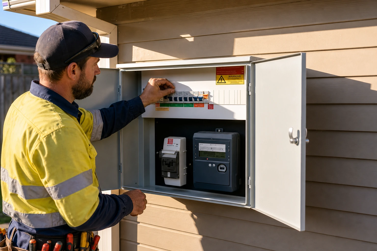 Electrician working on an outdoor switchboard in Adelaide sunshine